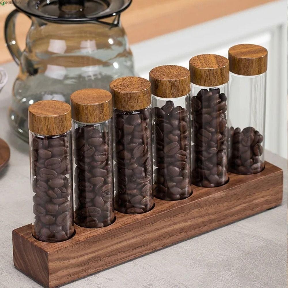 Needway เมล ็ ดกาแฟคอนเทนเนอร ์ , ไม ้ วอลนัทแบบพกพาชาหลอดจอแสดงผล Rack, Espresso อุปกรณ ์ เสริมสะดวกพร ้ อมฝาปิดระบายอากาศหลอดชาขวดกาแฟ Bean Storage