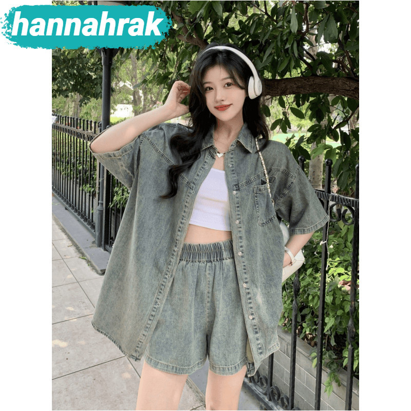 (ส่งจากกรุงเทพฯ)เสื้อเบลาส์ยีน แขนสั้น ทรงหลวม สไตล์วินเทจ แฟชั่นฤดูร้อน เสื้อสาวอวบ (ชุดเซทยีนส์+กางเกง2ชิ้น)