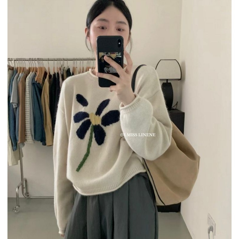 ฤดูใบไม้ร่วงเสื้อกันหนาวใหม่หลวมเสื้อสวมหัวอ่อนโยนนุ่มดอกไม้เสื้อกันหนาวผู้หญิงสไตล์ถักเสื้อกันหนาว