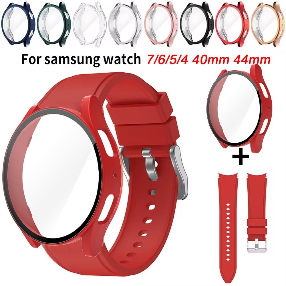 SAMSUNG กรณี พีซี + สายซิลิโคนสําหรับ ซัมซุง กาแลคซี นาฬิกา 4/5/6/7 40 มม.44 มม.สร้อยข้อมือแม่เหล็กป้องกันหน้าจอสําหรับ ซัมซุง นาฬิกา 7 40 มม