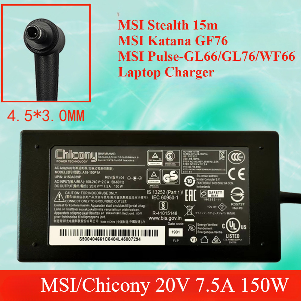 Chicony 20V 7.5A 150W AC Adapter Charger สําหรับ MSI Crosshair 17 15/Stealth 15M/ Katana GF66