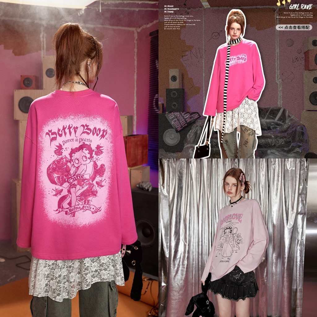 Betty เสื้อยืดแขนยาวผู้หญิงคอกลมอเมริกันย้อนยุค BETTY การ์ตูน 3D พิมพ์เสื้อยืดแขนยาวสาวอ้วนฤดูใบไม้ผลิและฤดูใบไม้ร่วง oversize ขนาดใหญ่เสื้อยืดสบาย
