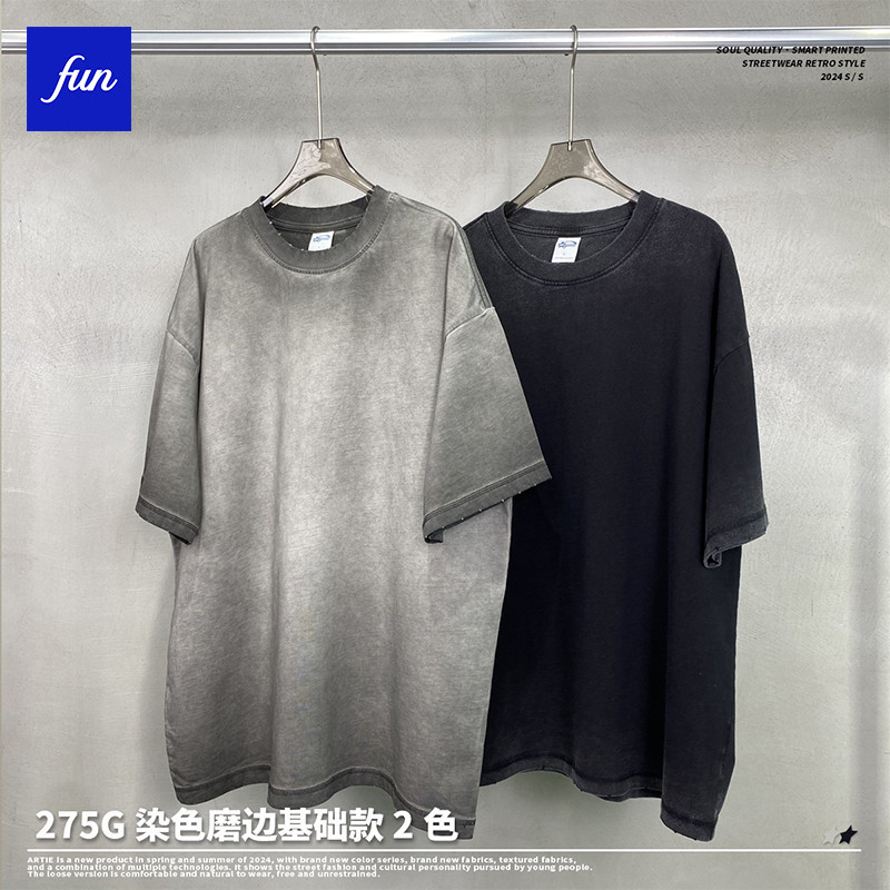 ล้างเสื้อยืด 275g ย้อนกลับทอดสี Distressed Frayed ขี้ผึ้งย้อมอเมริกัน High Street Street Wear Retro หลวม oversize แขนสั้นด้านบนเสื้อยืด