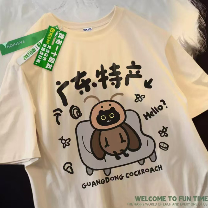 สนุกการ์ตูนแมลงสาบพิมพ์ตัวอักษรหลวมผู้หญิงรอบคอแขนสั้นเสื้อยืดกลางยาวคู่ด้านบน