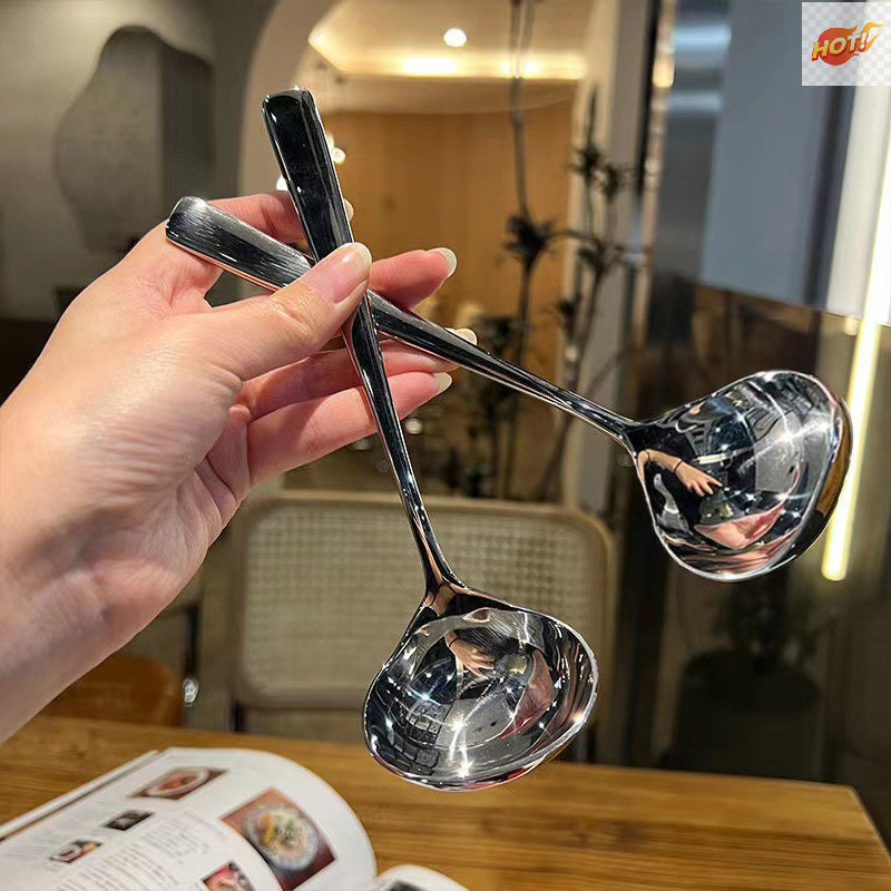 Meet ช้อนสแตนเลส Thicken ยาวช้อนซุปสําหรับหม้อร้อน Scoops Home Kitchen Tableware อุปกรณ์ทําอาหาร TH