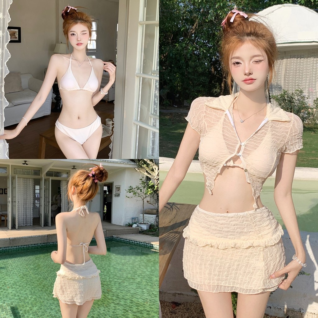ราคาถูกที่สุด เซตแฟชั่นว่ายน้ำ น่ารักมาก 3 ชิ้น สีเบจ ผ้ายืดฟรีไซส์ กระโปรงมีซับใน ชุดไปทะเล