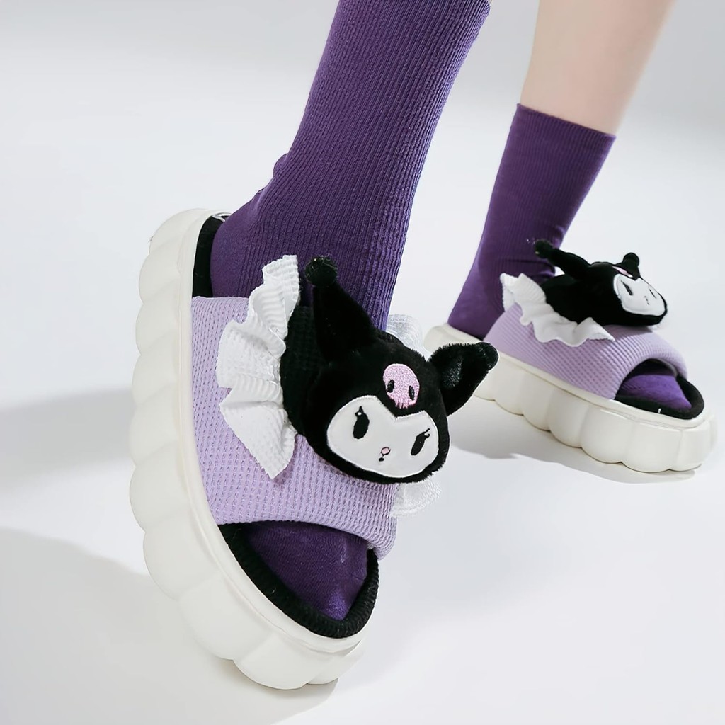รองเท้าแตะ น่ารัก Cinnamaroll Sanrio Kuromi Kitty Furry Slides - การ์ตูนผู้หญิงผ้าลินินรองเท้าแตะ Mute ผ้าลินินรองเท้าสไลด์สําหรับผู้หญิง