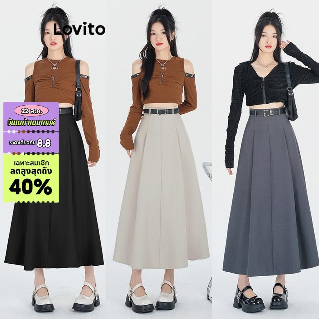 Lovito กระโปรงผู้หญิง แต่งจีบ สีพื้น สไตล์เพร็พพี่ LNE48423