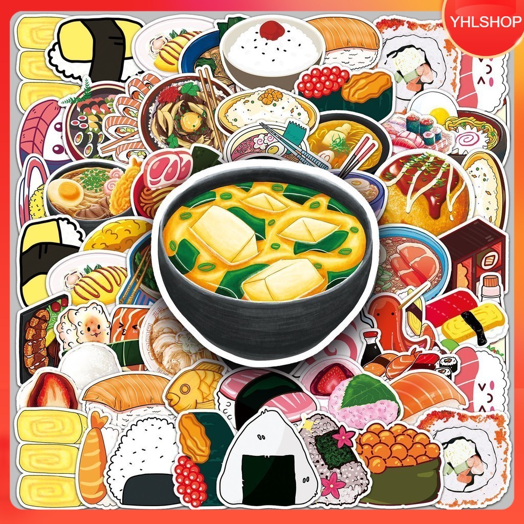 🍁YHL🍁พร้อมส่ง 50ชิ้น สติกเกอร์ อาหารญี่ปุ่น ซูชิ Sushi Miso Onigiri Ramen Japanese Food Sticker