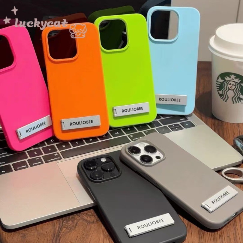 Iphone 15 14 13 12 11 Pro Max X Xr Xs Max 7 8 Plus SE2020 เคสโทรศัพท์ Ins Simple Candy Color + ขาตั้งโลหะแพ็คฝาหลังแบบนุ่ม