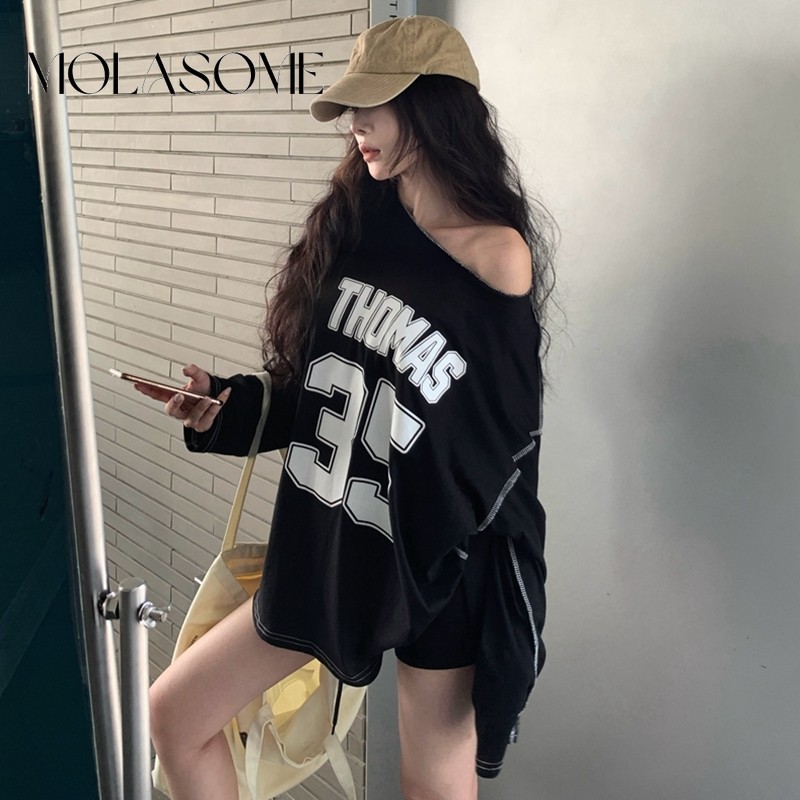 โมลาโซเมะ ผู้หญิง2024แฟชั่นใหม่สีทึบปิดไหล่ธรรมดาพิมพ์แขนยาวเสื้อยืดสลิมฟิต