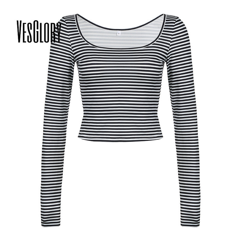Vesglory Womens 2024 เสื้อยืดแขนยาวคอลูกเรือลายทางสีตัดกันอเนกประสงค์ขั้นพื้นฐาน