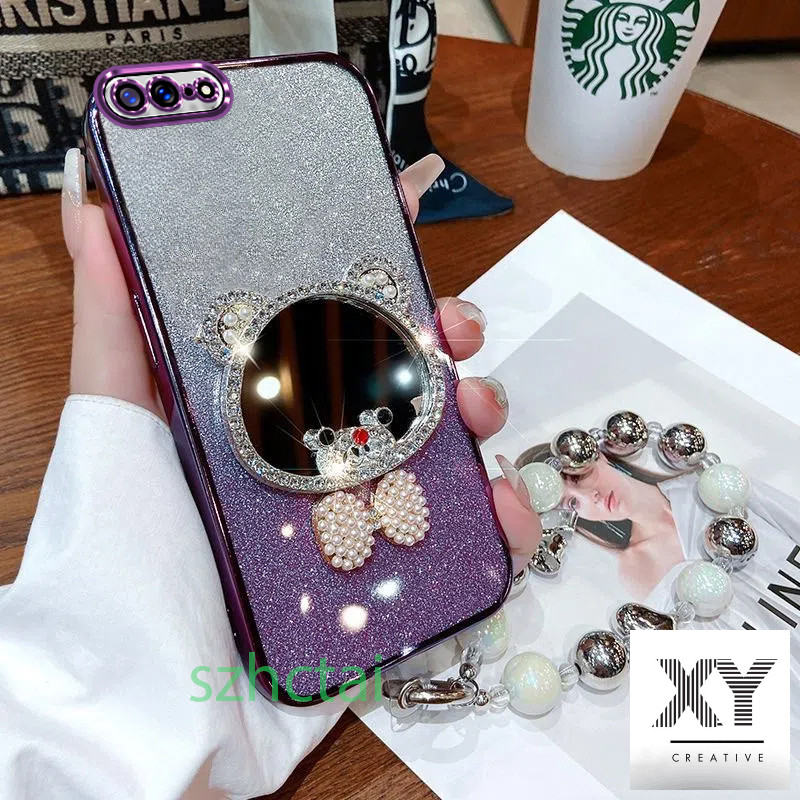 เคส iPhone 7 plus 8 plus 6 plus 6s plus 7 8 6 6s se 2020 หรูหรามงกุฎหมีหูกระจกแต่งหน้าพร้อมสร้อยข้อมือเชือกแขวน เคสโทรศัพท์ iPhone 7 plus 8 plus 6 plus 6s plus 7 8 6 6s se 2020