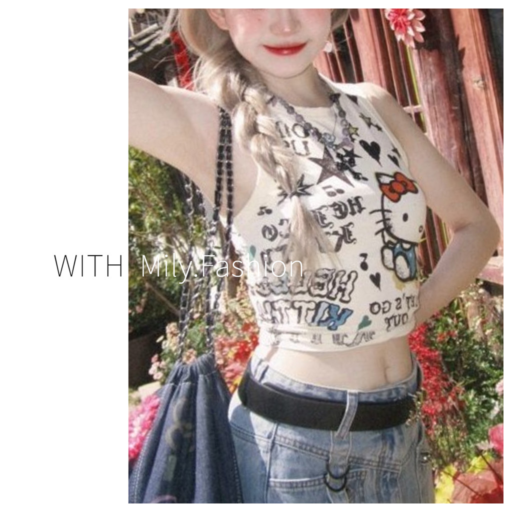 Milyfashion เสื้อครอปท็อป แขนกุด พิมพ์ลาย สไตล์ญี่ปุ่น แฟชั่นฤดูร้อน สําหรับเด็กผู้หญิง