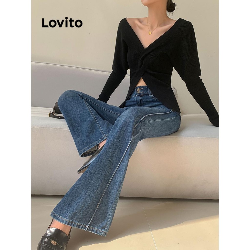 Lovito กางเกงยีนส์ขายาวผู้หญิง ตีเกล็ดหน้า สีพื้น สไตล์ลำลอง LNE57235