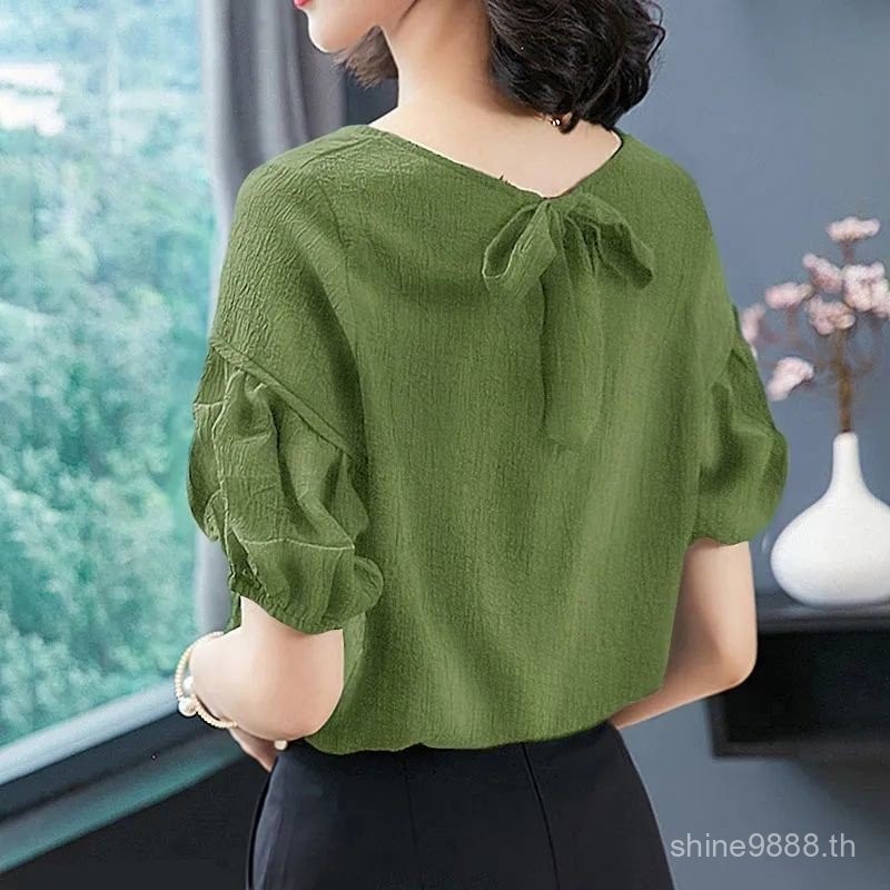 เสื้อแขนพองเสื้อชีฟองแขนสั้นผู้หญิง2024ผู้หญิงไซส์ใหญ่แบบใหม่ฤดูร้อนเสื้อยืดทรงหลวมใส่แล้วดูผอมปกปิดหน้าท้อง hhyl