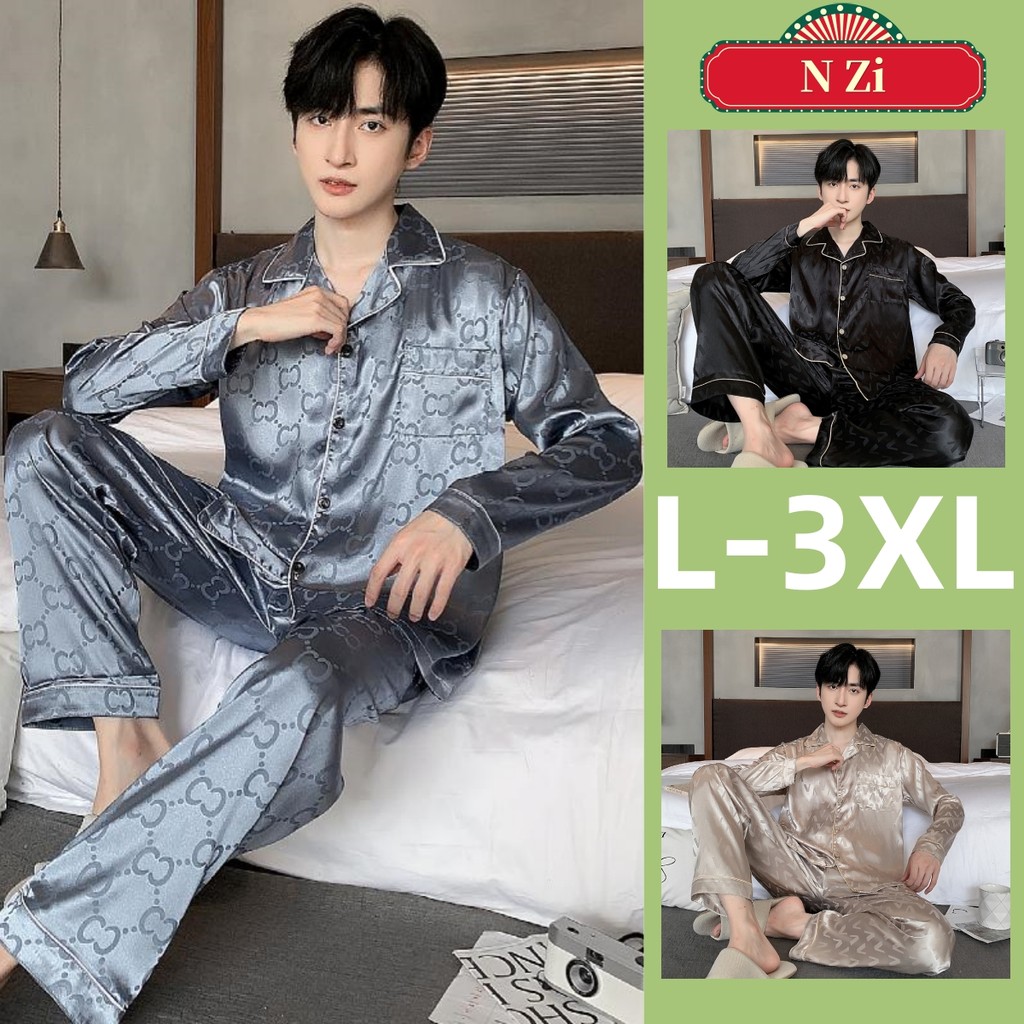 ผ้าไหมชุดนอนผู้ชายชุดฤดูใบไม้ร่วงฤดูหนาวเกาหลีรุ่นแขนยาวชุดนอน Man ซาตินหลวม Loungewear