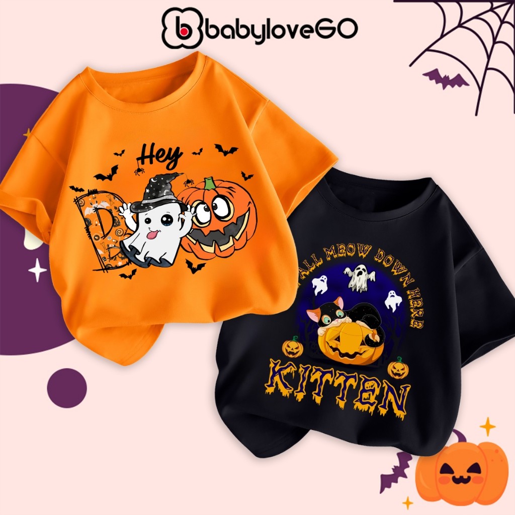 เด็กชายและเด็กหญิงสุขสันต์วันฮาโลวีน  เสื้อยืดคอกลมพิมพ์เสื้อยืดรูปแบบที่ไม่ซ้ำกัน หัวใจเด็กน่ารัก