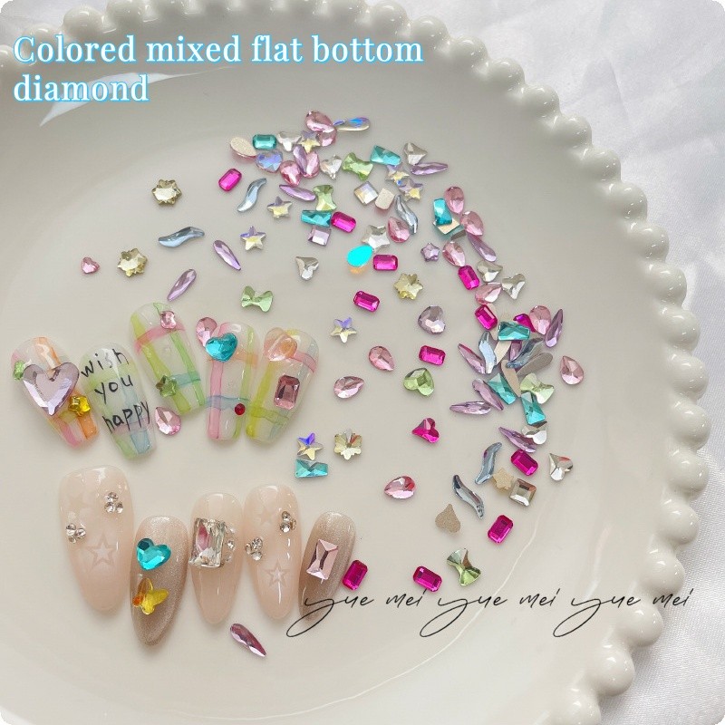 สติ๊กเกอร์ติดเล็บ Rhinestone ด้านล่างแบนเพชร DIY Super Flash เล็บคริสตัลขนาดผสมสีสัน 100 ชิ้น