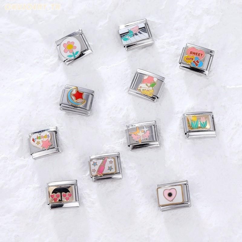 ยอดนิยม Love Unicorn Heart ดอกไม้สีชมพูอิตาเลี่ยน Charm Links Fit 9 มม.สร้อยข้อมือสแตนเลสทําเครื่องประดับ