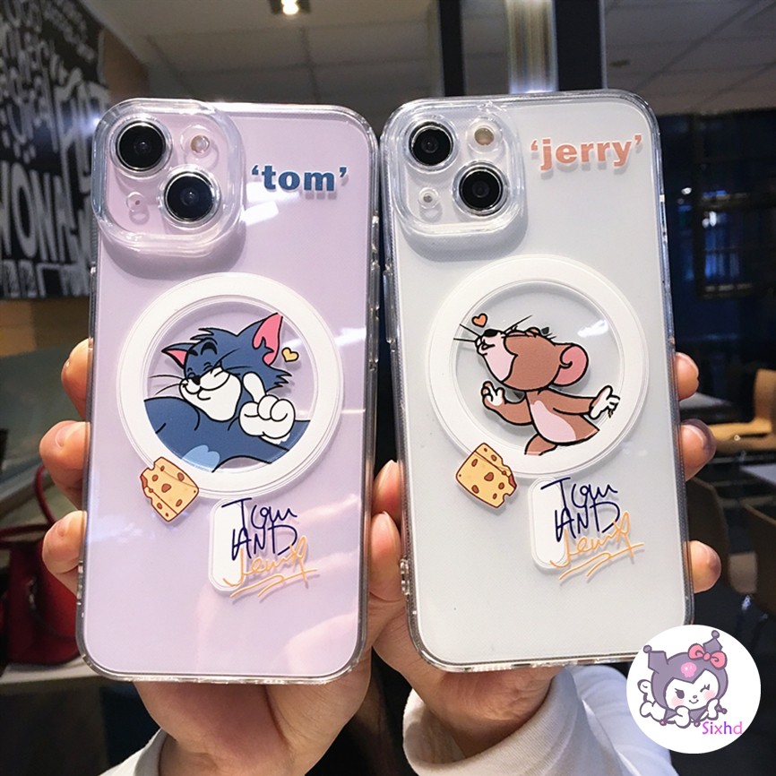 Insคู่tomและjerryโปร่งใสเคสโทรศัพท์สําหรับiphone 11 13 14 12 15 Pro Xr X Xs Max 7 8 Plusแฟชั่นเกาหลีป้องกันเคสโทรศัพท์แม่เหล็ก