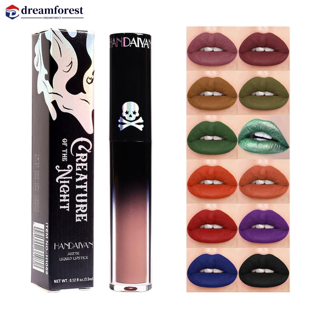 Dreamforest 12 สีลิปสติกคริสต์มาสฮาโลวีน Lip แต่งหน้า Tint Moisturizing กันน้ํา Matte ลิปสติกกันน้ํา Lip Pigment สีดําสีเขียวสีม่วง F1W7
