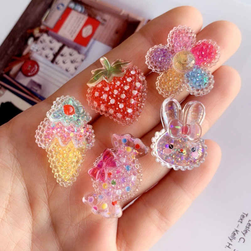 10ชิ้น/เซ็ตน้ําตาลความโปร่งใสสตรอเบอร์รี่ดอกไม้เรซิ่น แฟลตแบ็ค กิ๊บติดผมแฮนด์เมดวัสดุ ทําเอง เคสโทรศัพท์ตกแต่ง
