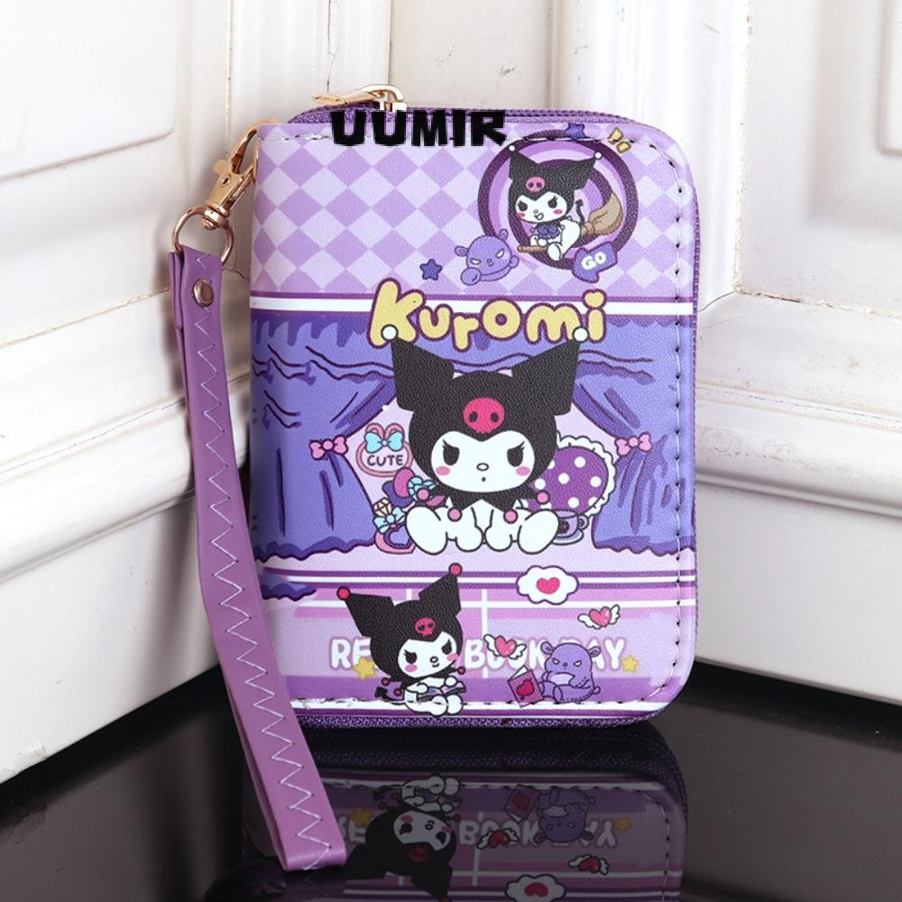 UUMIR ผู้ถือบัตรเครดิต,ซิป Kuromi Cinnamoroll Melody Pompom Zipper Wallet, PU Multi-Pocket Card Bag กระเป๋าถือ