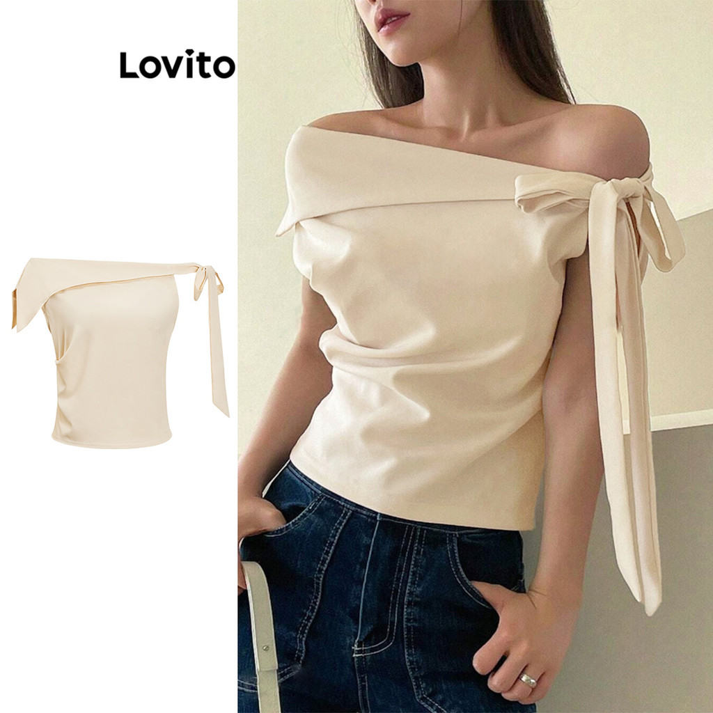 Lovito เสื้อเบลาส์ผู้หญิง เปิดไหล่ สีพื้น สไตล์หรูหรา L95ED344