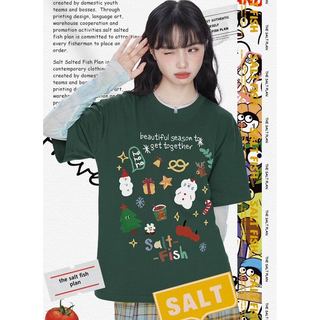 พร้อมส่งจากกรุงเทพ christmas เสื้อยืดผ้าฝ้ายลายการ์ตูนแขนสั้นสไตล์คริสต์มาสสวมใส่สบายเสื้อเชิ้ตต้นคริสต์มาส oversiz