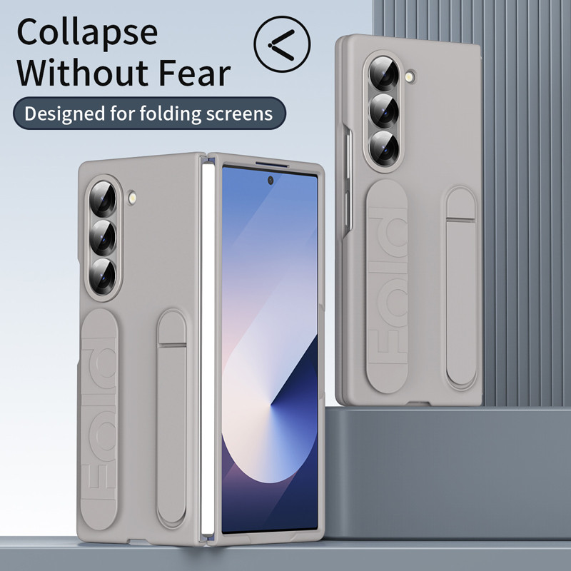 สําหรับ Samsung Galaxy Z Fold 6 5 กรณี ELVEV PC สายรัดข้อมือสายรัดข้อมือ Kickstand ป้องกันลายนิ้วมือฝาครอบกระจกนิรภัย
