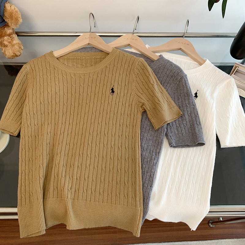 9 สีเสื้อถักผู้หญิงแขนสั้น Retro All-Match Top