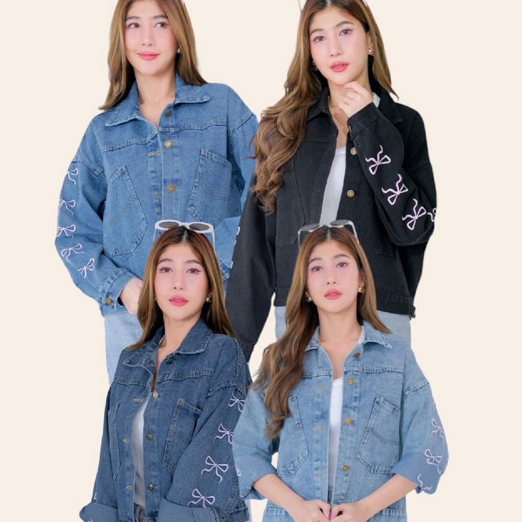 Jacket king แจ็คเก็ตยีนส์แขนยาวปักโบว์ สวยหรู ใส่ได้ทุกโอกาศ รุ่น456