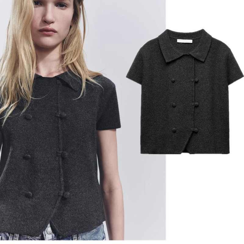 Zara ZA ฤดูใบไม้ร่วงสินค้าใหม่เสื้อผ้าผู้หญิงยุโรปอเมริกันทุกวันทุกการแข่งขันอารมณ์แขนสั้นลําลองถักเรียบง่าย 2488105