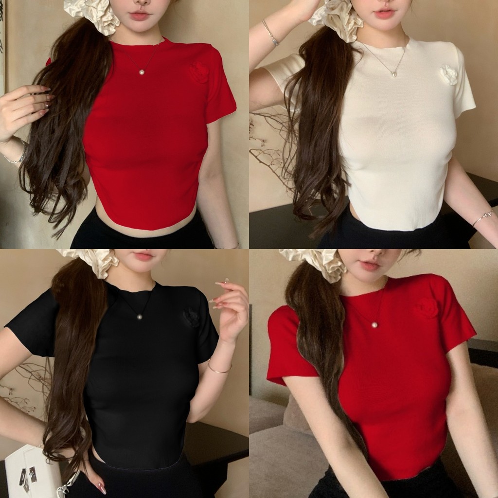Evelyn​ ​เสื้อยืดครอปไหมพรม แขนสั้น น่ารักมาก คอกลม แถมเข็มกัดดอกไม้ เสื้อยืดผู้หญิง สลิม สไตล์เกาหลี ส่งไวจากไทย#98221