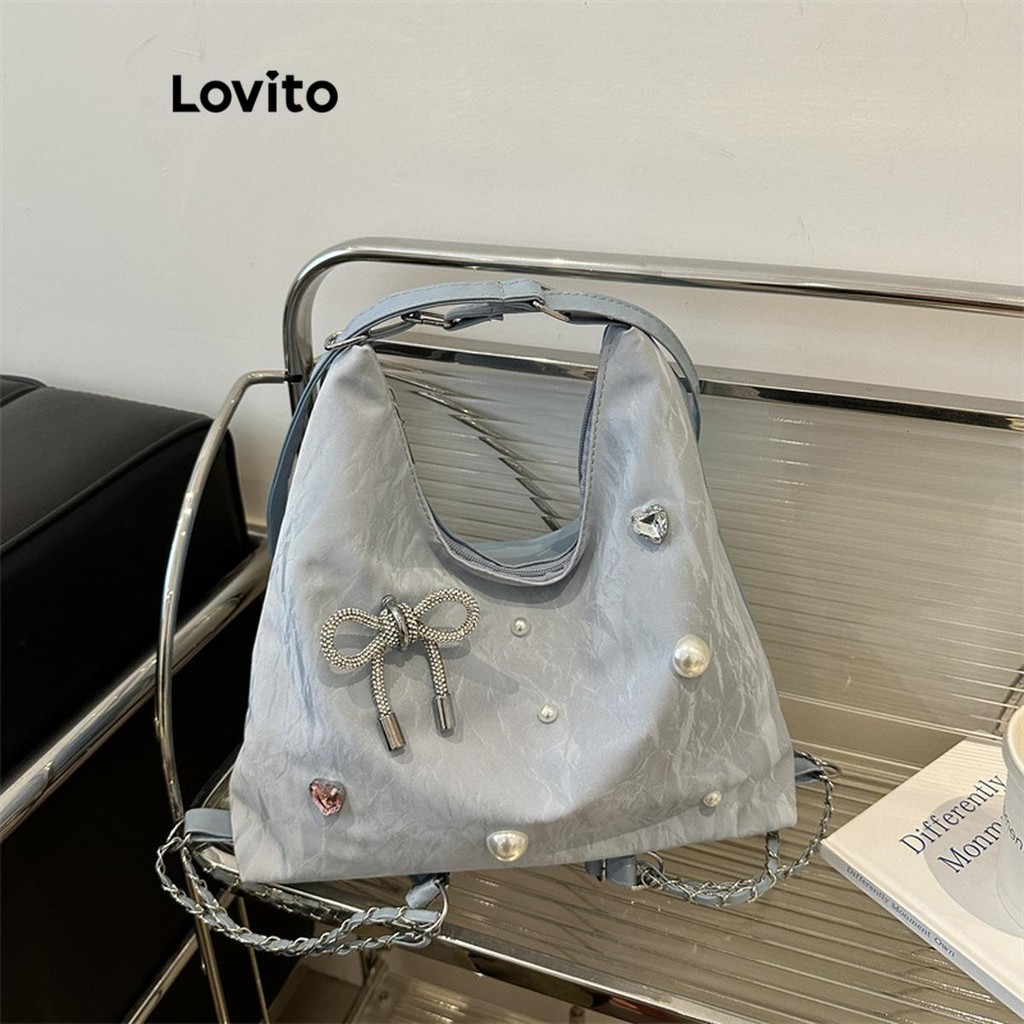 Lovito โซ่โบว์ธรรมดาไข่มุกกระเป๋าเป้สะพายหลังบัลเล่ต์สำหรับผู้หญิง LFA46559