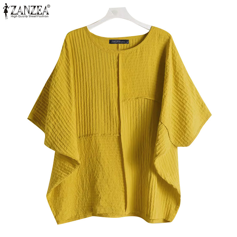 ZANZEA ซานเซีย ผู้หญิงคอกลมแขนสั้นสีธรรมดาหลวมแฟชั่นเสื้อ