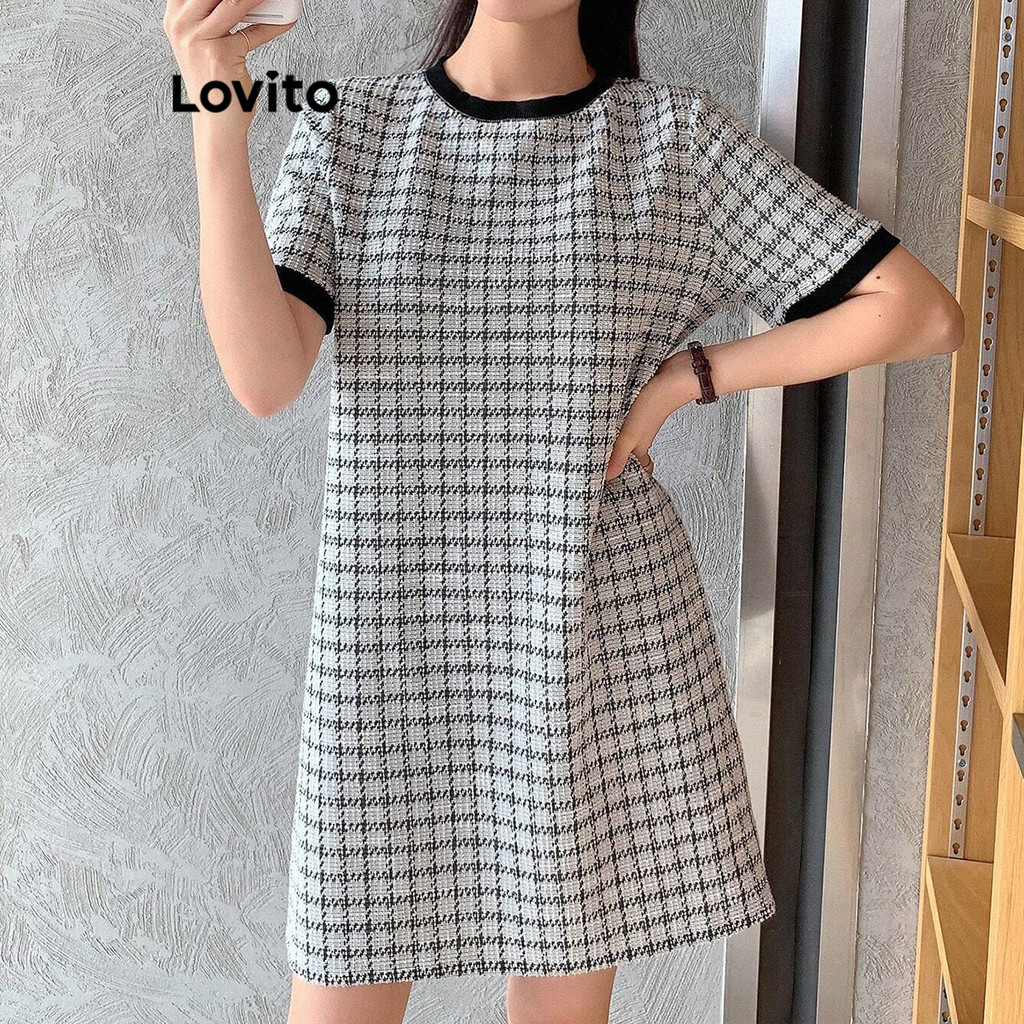 Lovito ชุดเดรส แจ็คการ์ดคอปกคอนทราสต์ ลายกิงแฮมลำลองสำหรับผู้หญิง L99ED1000