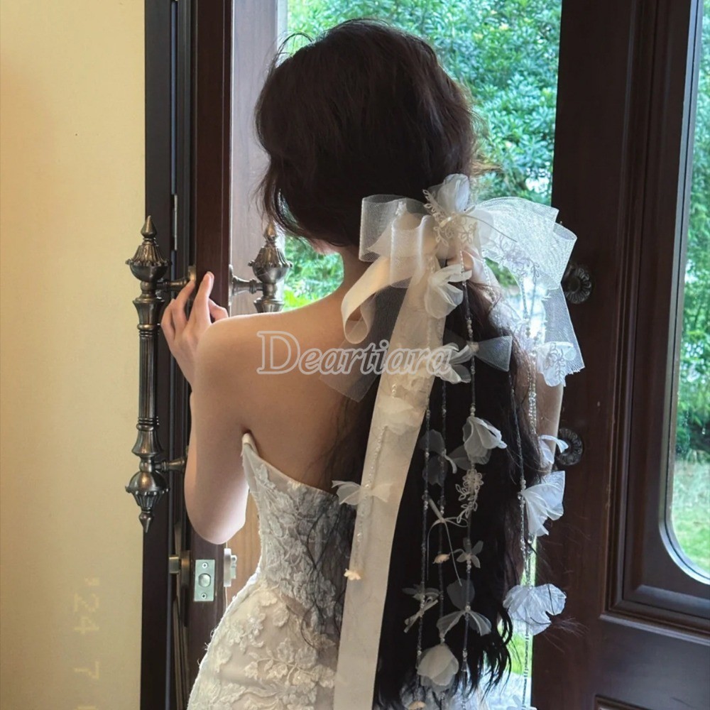 แฟชั่นเจ้าสาวแต่งงาน หูฟัง โบว์พู่กิ๊บ หูฟังด้านหลังหัวเครื่องประดับชุดแต่งงาน