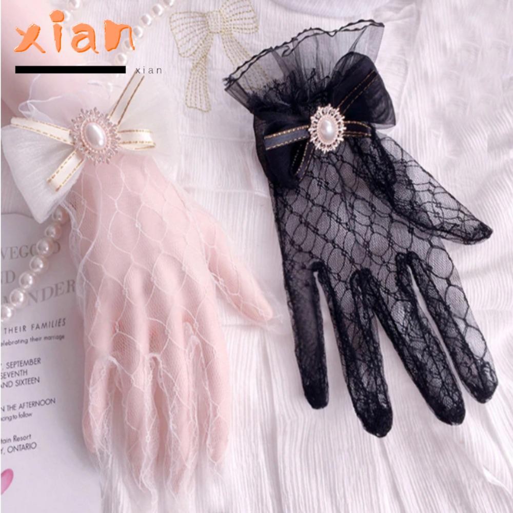 Xianen ถุงมือลูกไม้สีขาวสีดํา, Gothic Soft Gothic Lolita ตาข่ายโบว์ถุงมือ, ลูกไม้ดอกไม้ลูกไม้ถุงมือคอสเพลย์