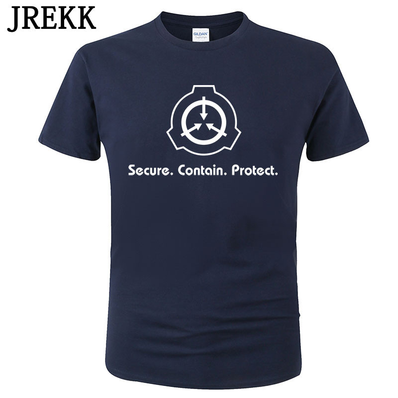 Scp Foundation Secure บรรจุปกป้องพัดลม SCP Wiki โลโก้แรงบันดาลใจเสื้อยืดผู้ชายผู้ชายผ้าฝ้ายเสื้อยืด 