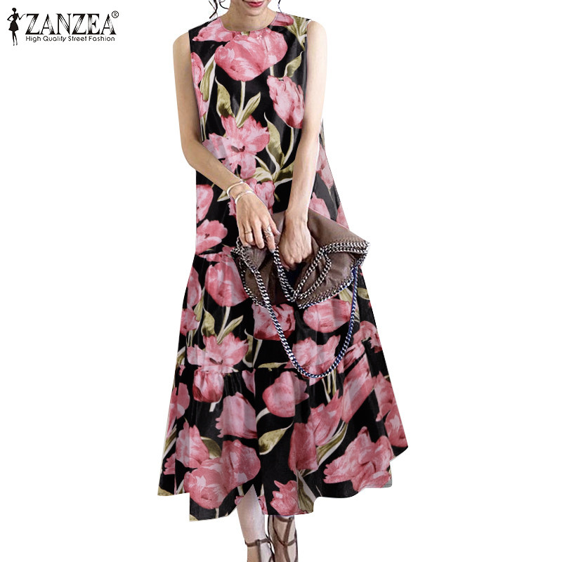 ZANZEA ซานเซีย ชุดเดรสพิมพ์ลายดอกไม้แขนกุดคอลูกเรือลําลองเกาหลีสําหรับผู้หญิง