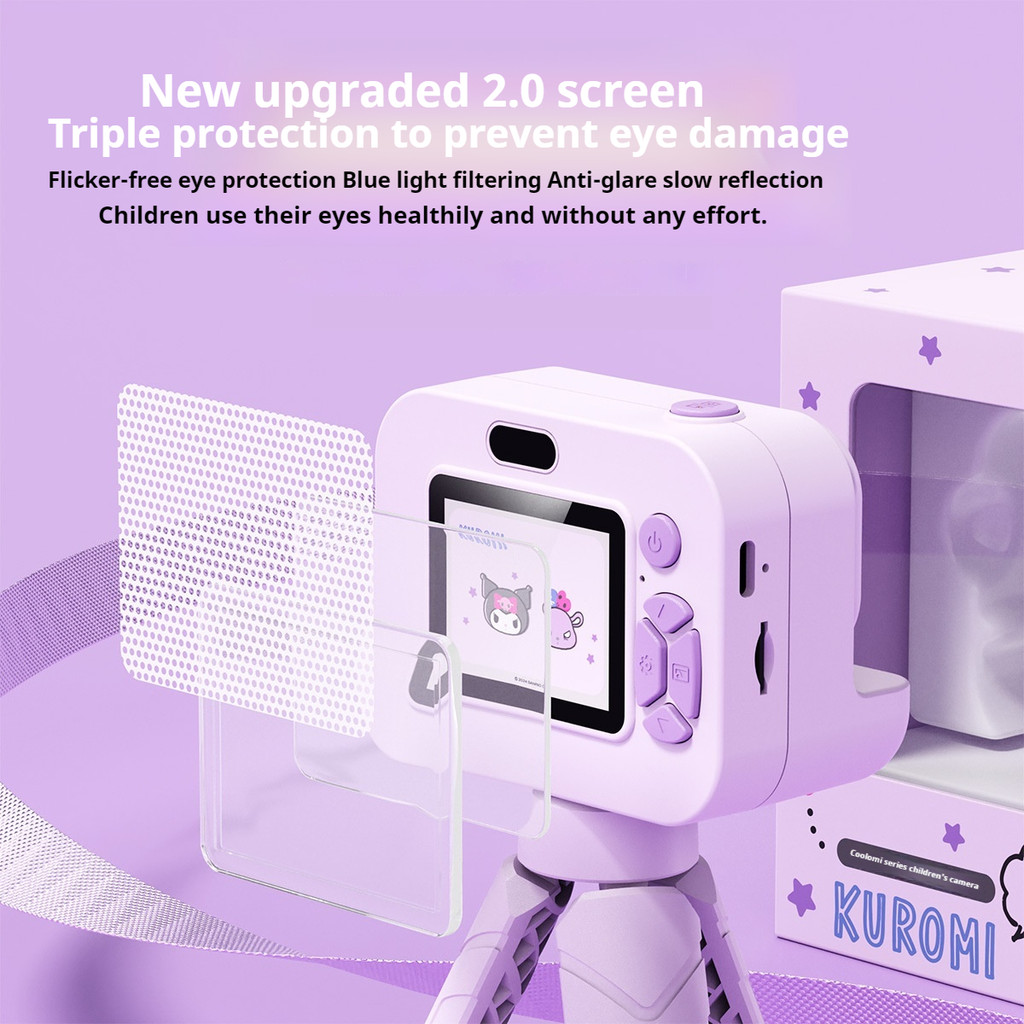 กล้องเด็ก Sanrio ของแท้ X6 48 ล้านพิกเซล กล้องคู่หน้าหลัง หน้าจอ 2.0 นิ้ว วีดีโอความคมชัดสูง กล้องดิจิตอลมินิ ของขวัญวันเกิด，กล้องคุโรมิ กล้องเมโลดี้，พร้อมขาตั้ง