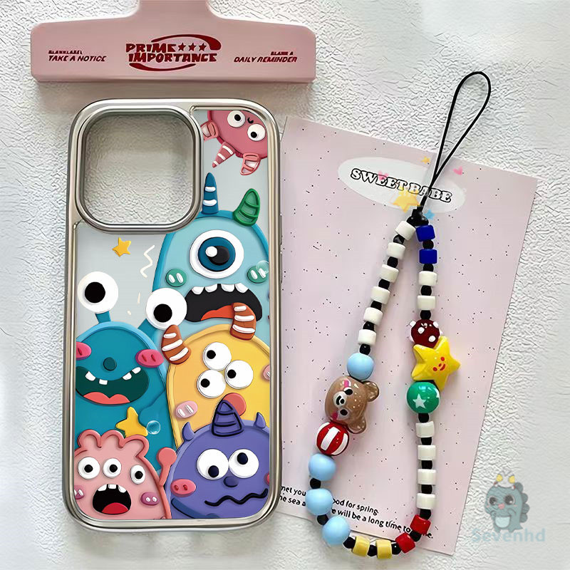 ปลอกสําหรับ iPhone 11 13 14 15 12 Pro Max X XR Xs Max 8 7 Plus Doodle การ์ตูน Little Monster เคสโทรศัพท์ + โซ่หรูหราชุบโปร่งใสป้องกันปกหลัง