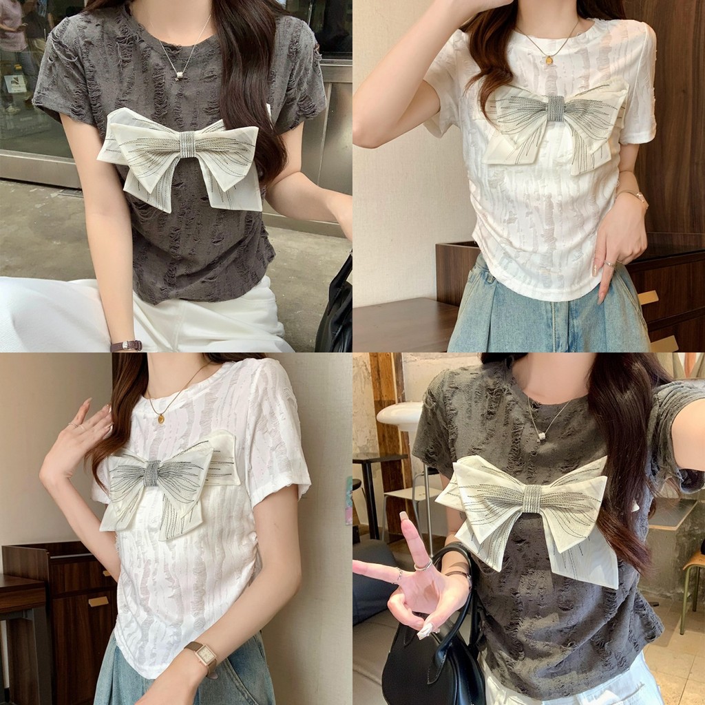 Evelyn ​เสื้อแขนสั้นไหมพรม คอกลม ดีเทลแต่งโบว์ เสื้อยืดผู้หญิง สีพื้นเรียบๆ คาวาอี้ สไตล์ลำลอง#45705-3