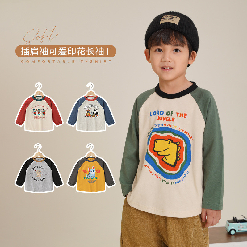 ชายผ้าฝ้ายแท้แขนยาวเสื้อยืดฤดูใบไม้ผลิฤดูใบไม้ร่วงเด็กเสื้อผ้าเด็ก จุดต่ําสุด เสื้อฤดูใบไม้ร่วงเสื้อผ้าอินเทรนด์ ยู14529