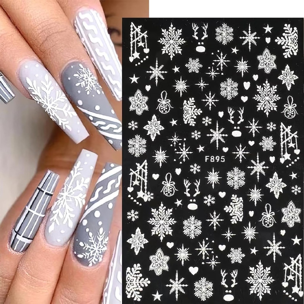 3d Snowflake Nail Art Decals สีขาวคริสต์มาสออกแบบสติกเกอร์กาวปีใหม่ฤดูหนาวเจลฟอยล์ Sliders ตกแต่ง Xmas *