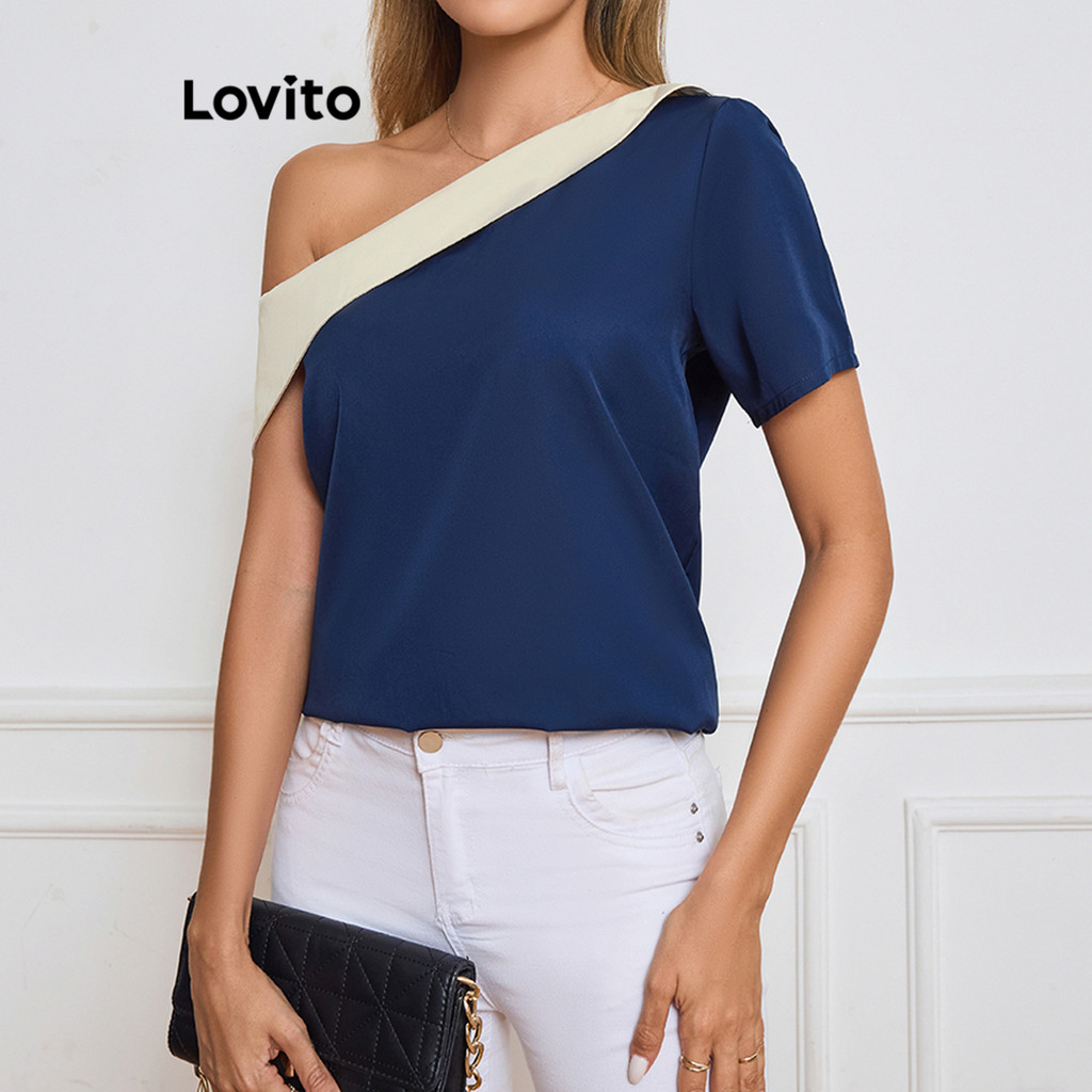Lovito เสื้อเบลาส์ไม่สมมาตร สีบล็อกเรียบหรูสำหรับผู้หญิง LBL17058