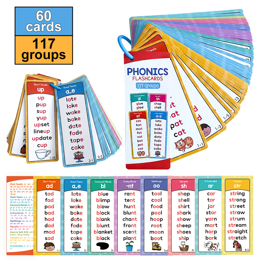 60 ชิ้น Phonics Words บัตรคําศัพท์ภาษาอังกฤษสําหรับเด็กเด็กอนุบาล CVC Sight Words การ์ดการเรียนรู้กา