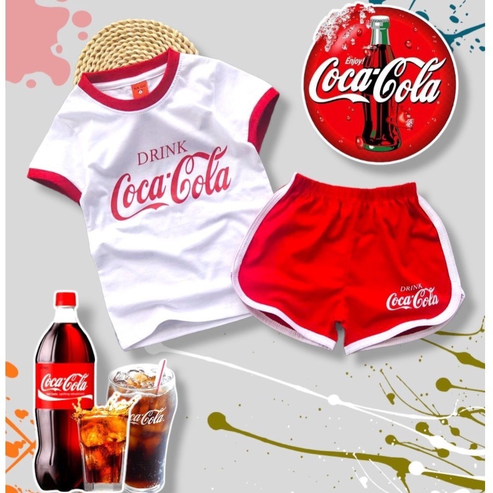 ชุดเซ็ตเด็ก ชุดนอนเด็ก สกรีนลาย โคคา โคล่า สีขาว แดง (เสื้อยืดแขนสั้น+กางเกงขาสั้น)